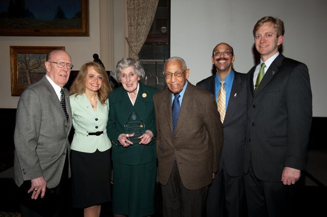 Hon. Willam Bauer, Michele Jochner, Hon. George N. Leighton (Ret.), Pierre Priestley, and Kevin Hull congratulate Justice McMorrow.