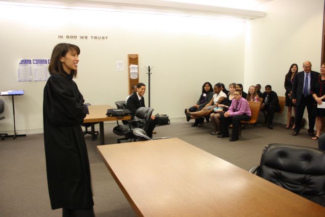 Judge Liu speaks with the students.