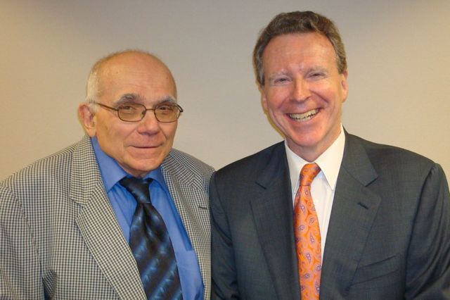 The seminar's namesake - De Paul University College of Law Professor Vincent Vitullo - greets seminar speaker James J. Grogan, Deputy Administrator and Chief Counsel of the ARDC