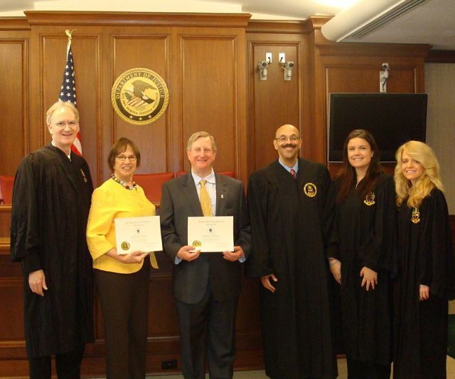 Leaders of Phi Alpha Delta welcome the newest members of the Chicago Alumni Chapter after their initiation.  L to R:  John K. Norris, Phi Alpha Delta District XI Justice; new initiate Hon. Susan Fox Gillis of the Circuit Court of Cook County; new initiate Matthew A. Flamm of Flamm Teibloom & Stanko Ltd.; Chicago Alumni Chapter Justice Pierre W. Priestley; Chicago Alumni Chapter Marshal Lauren Chibe; and Michele M. Jochner, Chair of the Executive Board of the Chicago Alumni Chapter.