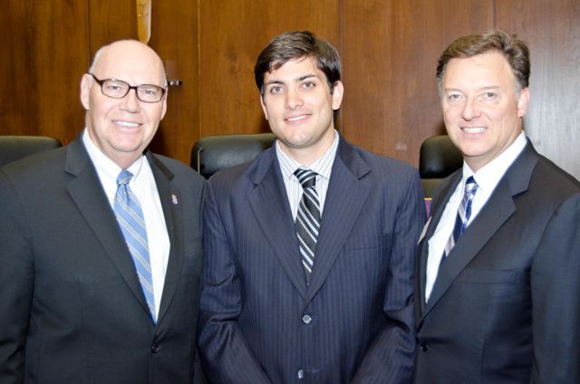 Chief Judge Holderman, new inductee Carlos Vera, and Vera's uncle, ISBA President John G. Locallo
