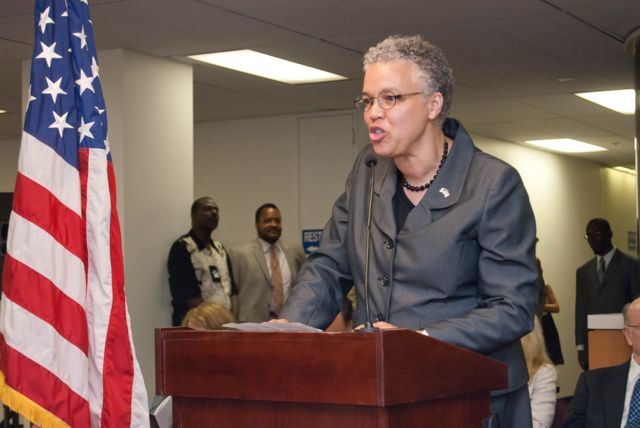 Cook County Board of Commissioners President Toni Preckwinkle welcomes attendees to the formal ceremony.