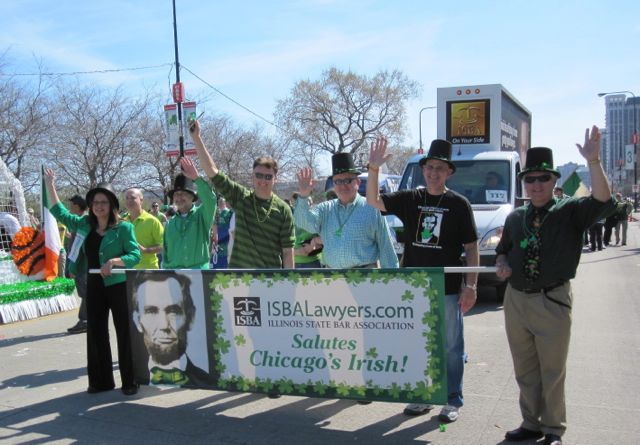 Saluting Chicago’s Irish in the annual St. Patrick’s Day parade along Chicago’s Columbus Drive were members of the ISBA, including (from left) Kistri Vetri, Jim Ackerman, ISBA President John G. Locallo, ISBA Board member Judge Russ Hartigan, John Bailen and Jim Reilly.