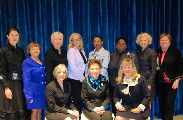 The panel discussion included (seated, from left) Chief Judge Diane Wood, Illinois Supreme Court Chief Justice Rita Garman, moderator and ISBA President Paula H. Holderman; (standing, from left) Morse, event chair Mary Petruchius, Supreme Court Justice Mary Jane Theis, Hinshaw Partner Jennifer Gust, Appellate Justice Joy Cunningham, Appellate Justice Shelvin Hall, Supreme Court Justice Anne Burke and Appellate Justice Susan Hutchinson. 