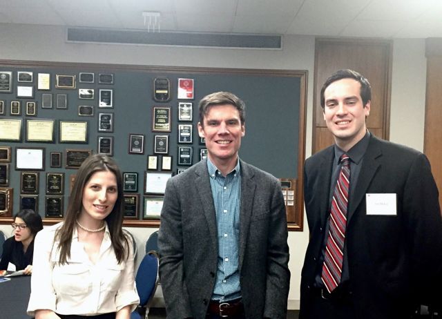 ISBA Student Representative Marie Sarantakis, Professor Hugh Mundy, and Tim Meloy