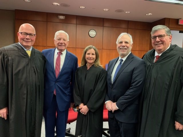 ISBA Past President Hon. James F. McCluskey, ISBA President David B. Sosin, Hon. Monique N. O'Toole, Illinois Supreme Court Justice Robert R. Thomas, ISBA Past President Hon. Richard D. Felice