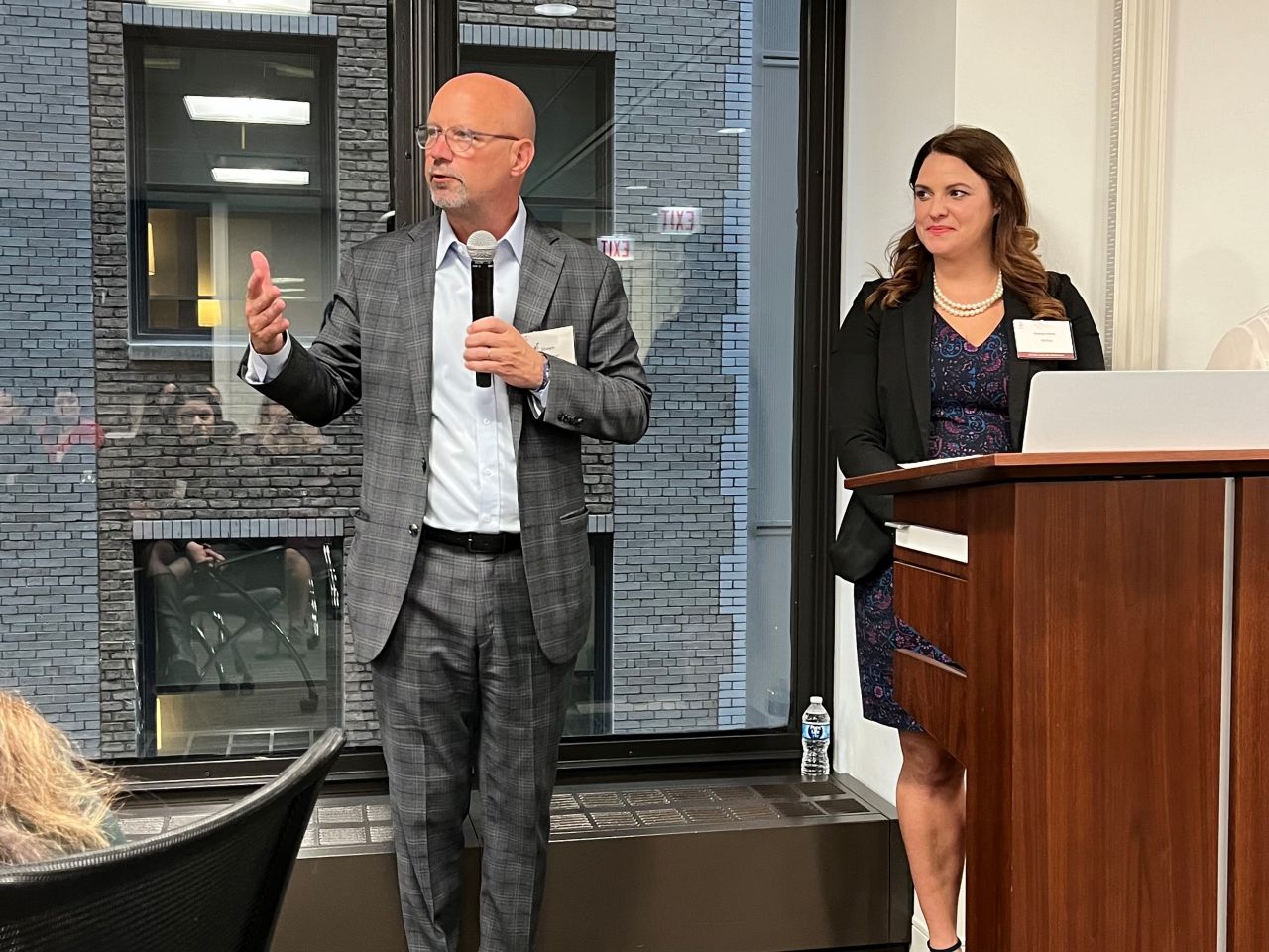 President Shawn Kasserman addresses the event mentees with Speed Networking Co-Chair Genevieve Miller