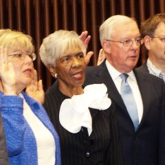 Paula Holderman, Hon. Arnette R. Hubbard, John O'Brien, William Price and Julie Ann Sebastian take the oath of initiation, administered by Chief Judge Holderman.