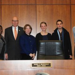 Chief Judge Holderman with Mock Trial volunteers
