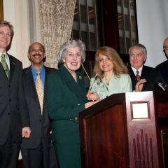 Officers of the Chicago Alumni Chapter present the newly-renamed award to Justice McMorrow.  Kevin M. Hull, luncheon chair and member of the Board of Directors; Pierre Priestley, Chapter Vice Justice; Hon. Mary Ann McMorrow; Michele Jochner; Robert K. Downs, Chairman of the Board; Hon. James F. Holderman, Honorary Board Chair.