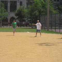 ISBA Board member Judge Steve Pacey on 1st base after driving in the ISBA's only run.