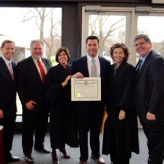 ISBA Secretary John Nisivaco, Atty. Al Stavros, Appellate Justice Mary S. Schostok, new admittee Vincent Stavros, Appellate Justice Ann Jorgensen and ISBA 2nd Vice President Richard D. Felice
