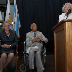 Hon. Anne M. Burke, Justice of the Illinois Supreme Court, delivered remarks, as President Preckwinkle and Judge Leighton look on.