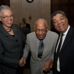 Cook County Board of Commissioners President Toni Preckwinkle, Judge Leighton, and Hon. Timothy C. Evans, Chief Judge of the Circuit Court of Cook County, share a pleasant moment prior to the ceremony.