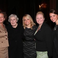 Justice Mary Ann G. McMorrow (Ret.)(second from left) and honoree Michele Jochner (center), visit with three DePaul University College of Law students Michele has mentored and who introduced her at the event: Kimberley Voichescu, Leah Farmer and Theresa Dollinger.