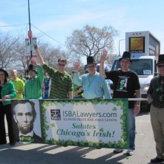 Saluting Chicago’s Irish in the annual St. Patrick’s Day parade along Chicago’s Columbus Drive were members of the ISBA, including (from left) Kistri Vetri, Jim Ackerman, ISBA President John G. Locallo, ISBA Board member Judge Russ Hartigan, John Bailen and Jim Reilly.