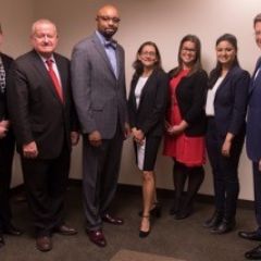 Shannon Schaab, Judge Hartigan, Vincent Cornelius, Jennifer Rosato Perea, Jenna DiJohn,&nbsp;Maliha Siddiqui, and John Locallo at ISBA Day at DePaul University College of Law.
